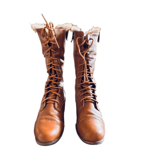 Bumper Womens Tan Faux Leather Lace Up Fur Lined Combat Boots Ankle Mid Calf - Picture 7 of 12